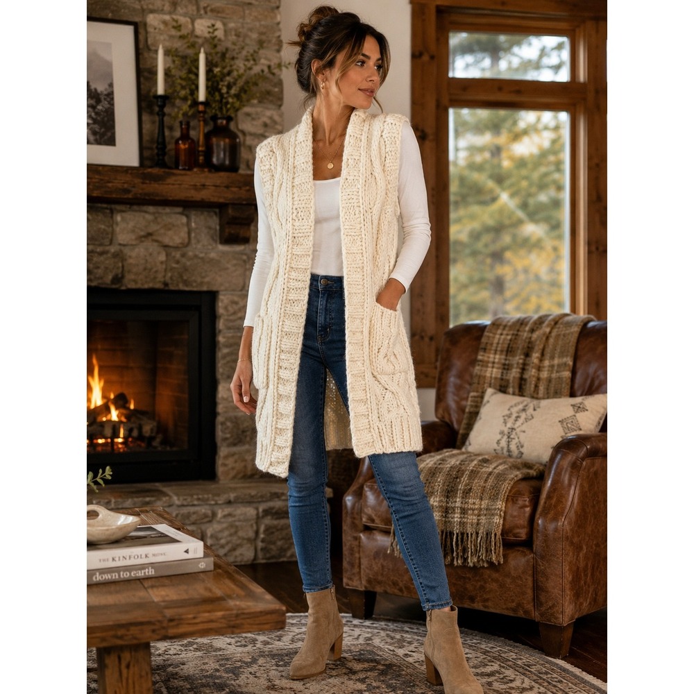 Michael Kors Ivory Cable Knit Alpaca Blend Longline Vest Cardigan Small